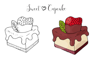 Vector isolated cake or cupcake, dessert with berry