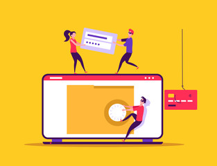 Concept of hacker attack, fraud investigation, internet phishing attack, evil win, personal privacy data, hacking and stealing email and money with tiny people. Vector illustration in flat design © Aleksandr