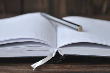 open notepad lying on a wooden table. On the notebook is a pen