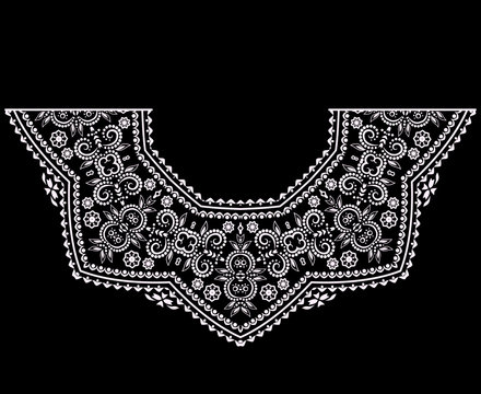 Neckline ethnic design. Geometric black and white lace pattern. Vector print with decorative elements and beads for embroidery, for women's clothing.	