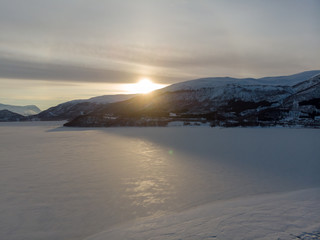 Frozen fjord in Fagernes, Lofoten Norway