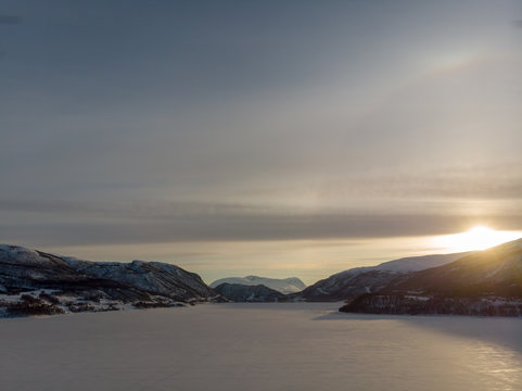 Frozen fjord in Fagernes, Lofoten Norway