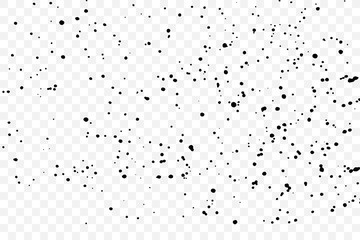 Black particles explosion isolated on transparent background. Abstract dust glitter overlay texture for holiday cards and flyers design. Dotted surface effect. Vector.