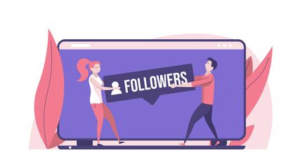 Concept of video blog, subscribe, bloggers, channel, internet marketing and social media marketing. Vector illustration in flat design with tiny people