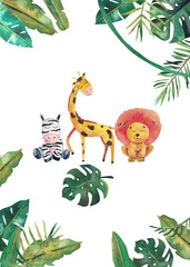 Watercolor invitation with wild animals and jungle leaves. Children hand-drawn illustration