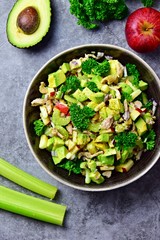 Avocado, apple and chicken salad. Paleo and keto diet healthy dish