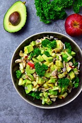 Avocado, apple and chicken salad. Paleo and keto diet healthy dish