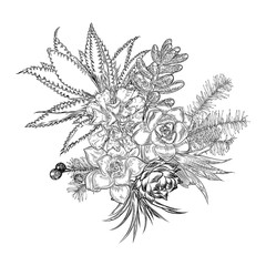 Composition of succulents, cactus, green plants, botanical drawing. Black white handdrawn bouquet. Flesh tattoo concept. Coloring book page. All flowers are editable separately. Vector.