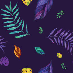 Fototapeta na wymiar Seamless jungle pattern. Tropical leaves on a dark violet background. Bright colors.