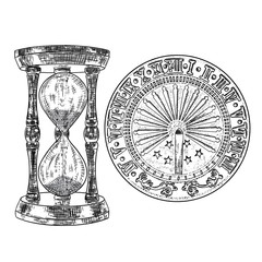 Set of sundial or sun clock and hourglass or sand clock drawing. Hand drawn and isolated. Vector - obrazy, fototapety, plakaty