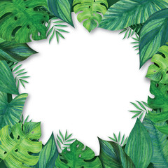 Blanc round frame decorated with tropical leaves. Bright green jungle plants, hand drawn with...