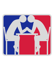 armdrücken rot blau logo button ringen Armwrestling gegner stark duell 2 feinde sport muskeln stärker gewinnen verein arm clipart kräfte messen kraftsport tisch stühle