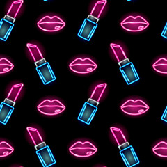 Naklejki  Wzór z neonowymi ikonami szminki i kobiece usta na ciemnym tle. Kosmetyki, dziewczęca, fachion, koncepcja makijażu. Ilustracja wektorowa 10 EPS.