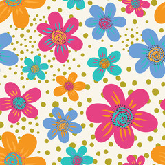 Flowers and dots. Seamless floral vector background. 