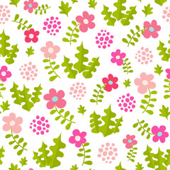 Fototapeta na wymiar Seamless vector pattern with cute flowers and grass.