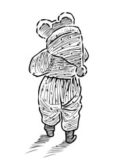 Sketch of a baby in overalls for a walk