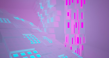 Abstract  white Futuristic Sci-Fi interior With Pink And Blue Glowing Neon Tubes . 3D illustration and rendering.