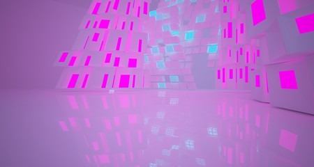 Abstract  white Futuristic Sci-Fi interior With Pink And Blue Glowing Neon Tubes . 3D illustration and rendering.
