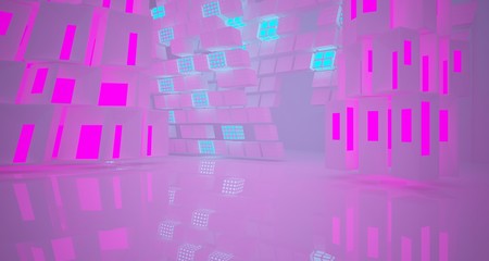 Abstract  white Futuristic Sci-Fi interior With Pink And Blue Glowing Neon Tubes . 3D illustration and rendering.