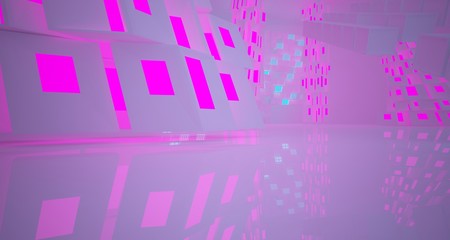 Abstract  white Futuristic Sci-Fi interior With Pink And Blue Glowing Neon Tubes . 3D illustration and rendering.