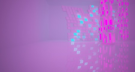 Abstract  white Futuristic Sci-Fi interior With Pink And Blue Glowing Neon Tubes . 3D illustration and rendering.