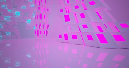 Abstract  white Futuristic Sci-Fi interior With Pink And Blue Glowing Neon Tubes . 3D illustration and rendering.