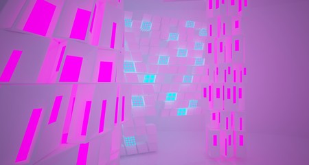 Abstract  white Futuristic Sci-Fi interior With Pink And Blue Glowing Neon Tubes . 3D illustration and rendering.