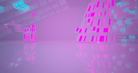 Abstract  white Futuristic Sci-Fi interior With Pink And Blue Glowing Neon Tubes . 3D illustration and rendering.