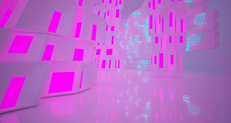 Abstract  white Futuristic Sci-Fi interior With Pink And Blue Glowing Neon Tubes . 3D illustration and rendering.