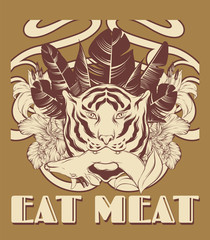 Eat meat. Vector hand drawn illustration of tiger with deer and plants isolated.