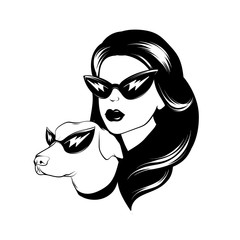 Vector hand drawn illustration of girl with dog in sunglasses isolated.