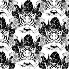 Vector pattern with hand drawn illustration of tiger with deer and plants isolated.