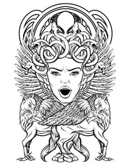 Vector hand drawn illustration of medusa Gorgon with hippogryph isolated.