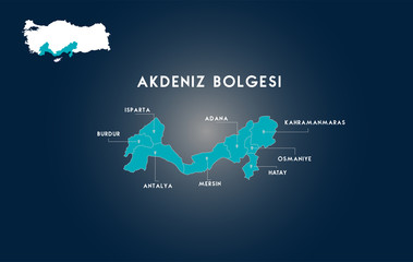 Turkey Mediterranean Region Map (Turkish Turkiyenin Akdeniz Bolgesi, isparta, Burdur, Adana, Kahramanmaras, Osmaniye, Hatay, Antalya, Mersin, Haritasi)