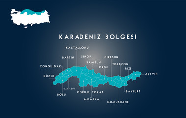Map of the Black Sea region of Turkey ( Turkish Karadeniz bolgesi, Zonguldak, Duzce, Karabuk, Bolu, Corum,Tokat, Amasya, Gumushane, Bayburt,Artvin, Rize, Trabzon, Giresun, Ordu,Samsun, Sinop Haritasi)