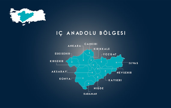 Turkey Central Anatolia Region Map ( Turkish Turkiye ic anadolu bolgesi, Ankara, Eskisehir, Kirsehir, Aksaray, Konya, Karaman, Nigde, Kayseri, Nevsehir, Sivas, Yozgat, Kirikkale, Cankiri, Haritasi)