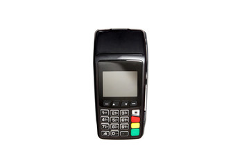 Credit card payment terminal on white background.