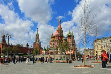 St. Basil's Cathedral and the Kremlin Spasskaya tower on red square in Moscow Russia