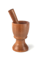 Wooden mortar (pounder) and pestle isolated on white