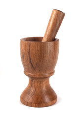 Wooden mortar (pounder) and pestle isolated on white