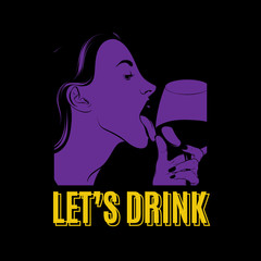 Let's drink. Vector hand drawn illustration of pretty girl licking wineglass isolated.