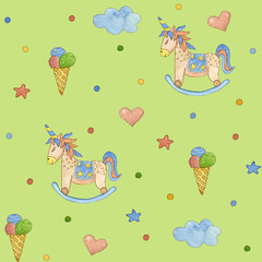 Seamless childrens pattern with star, unicorn. Cute watercolor illustration.