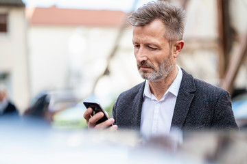 Portrait of mature businessman looking at cell phone