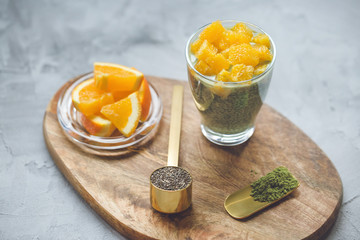 Matcha green tea chia seed pudding dessert. Superfood and vegan concept.