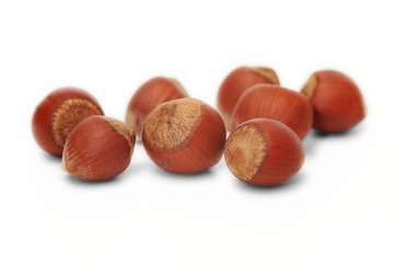Hazelnuts and brown hazel leaves on white background, isolated, closeup
