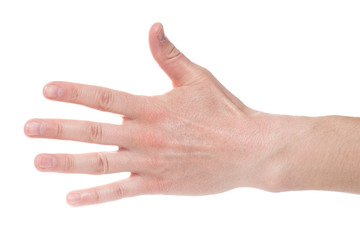Man showing number five on white background, closeup.