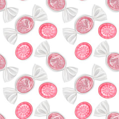 Seamless, endless pattern with realistic sweets, Sweet lollipops round shape on white background. Seamless background, design for your packing for sweets. Vector EPS 10 illustration