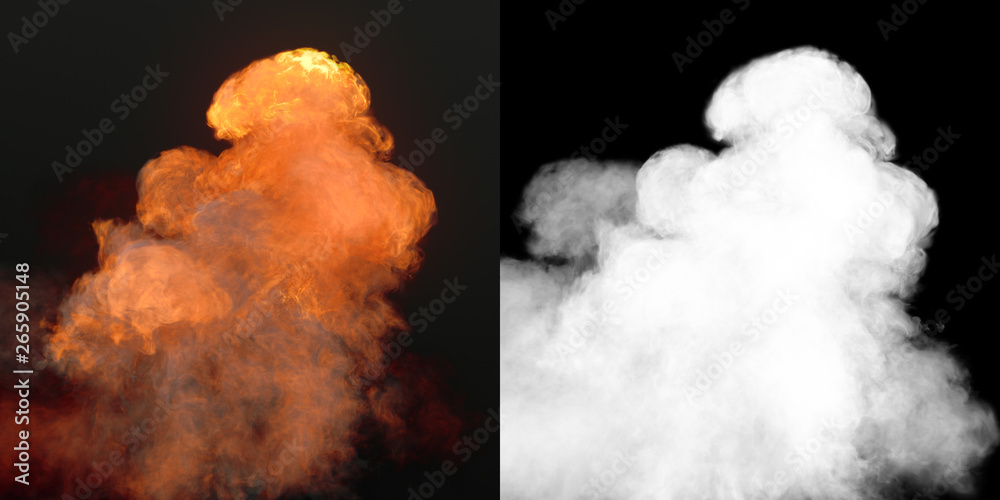 Poster Large explosion with black smoke in dark plus alpha channel. 3d rendering