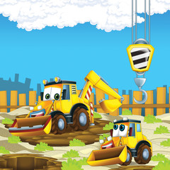 Obraz na płótnie Canvas cartoon scene with diggers on construction site father and son - illustration for the children