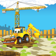 cartoon scene with digger on construction site - illustration for the children